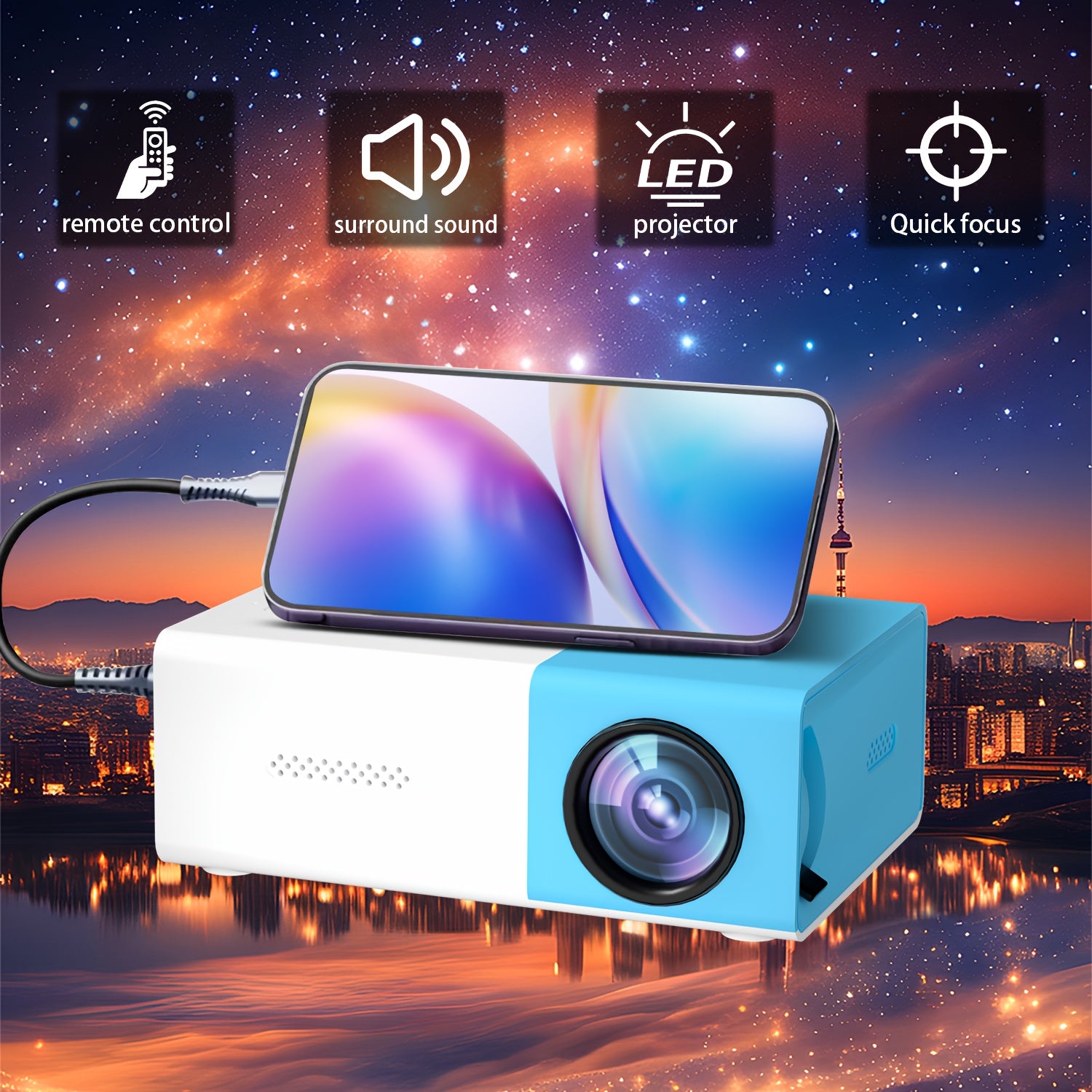 Mini Projector LED Portable Home Cinema 1280x720 HD 30000H Playtime Remote