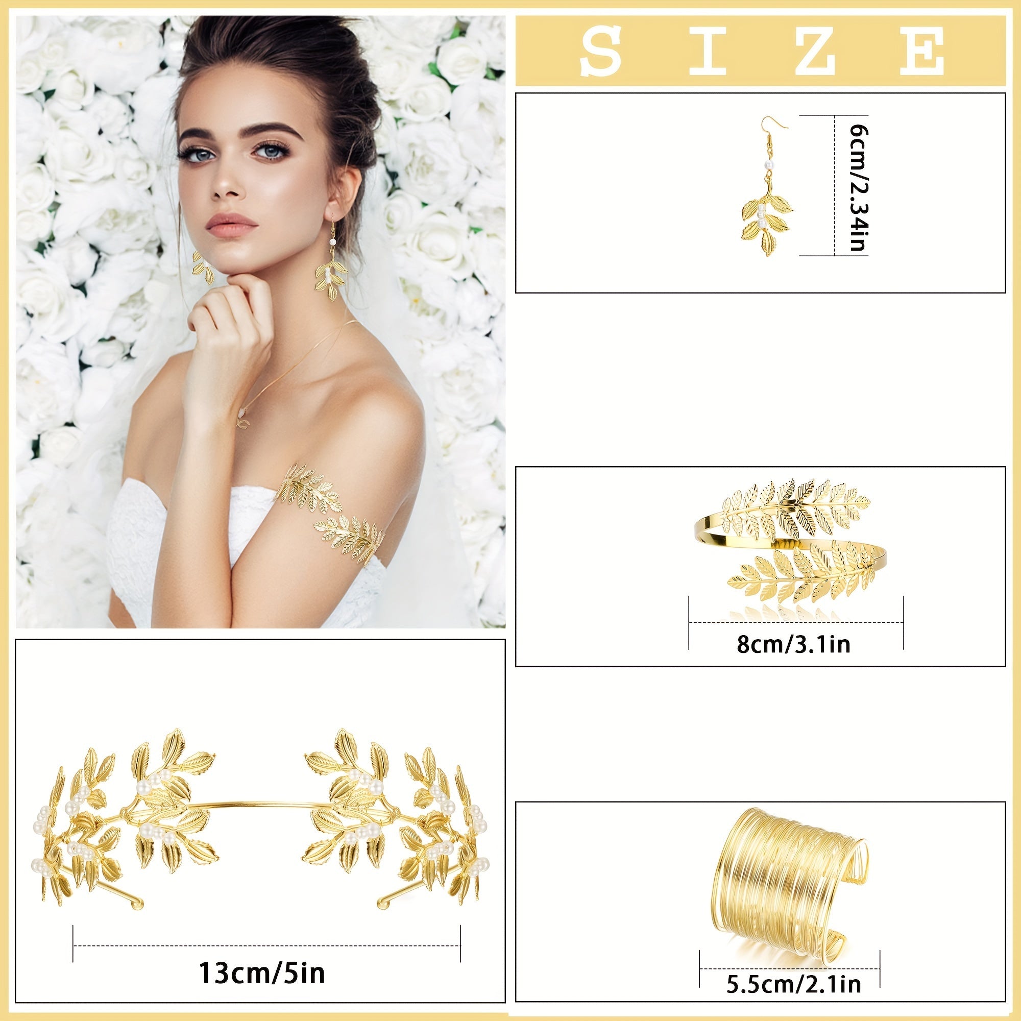 Greek Goddess Costume Accessories Set with Leaf Crown Headband Bracelet Earrings Tiara