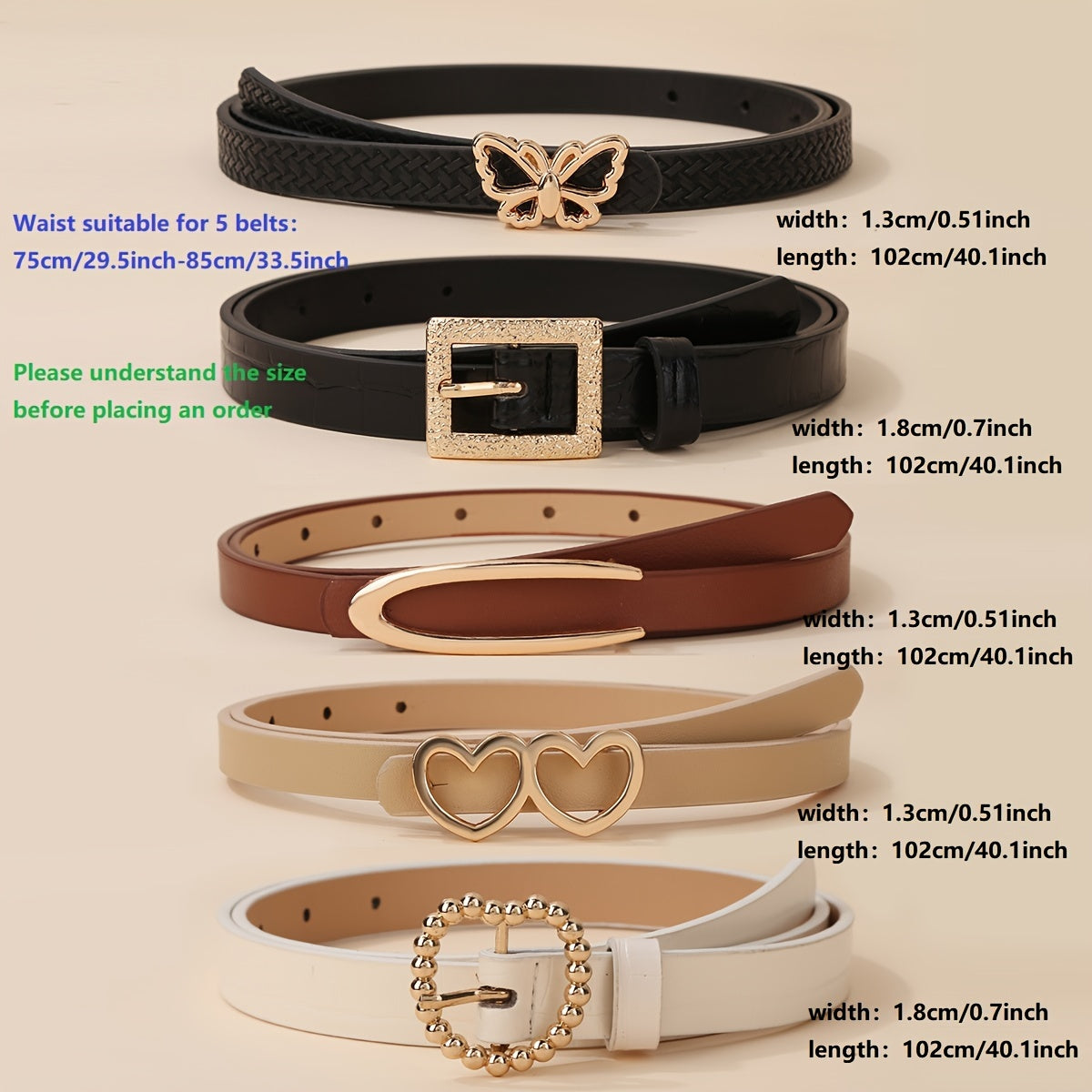 Набор из 5 ремней с пряжками в винтажном стиле для женщин из однотонной кожзаменителя для повседневных джинсов