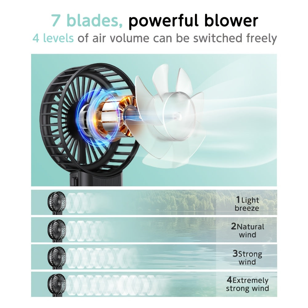 Handheld Fan with 180° Foldable Stand and Neck Strap, USB Rechargeable, 7-Blade, 4-Speed, High-Velocity Cooling