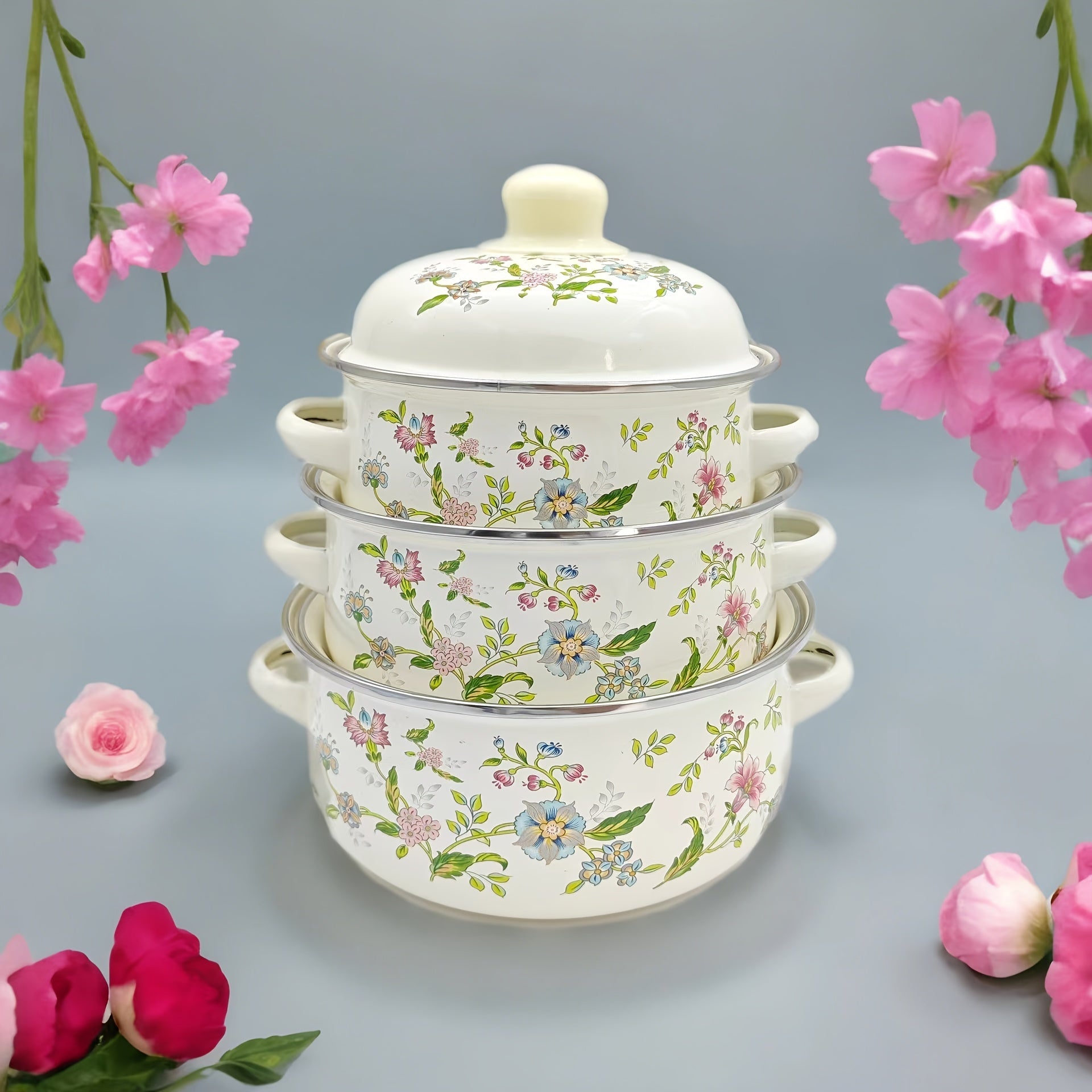 Gaz plitkalari va uy uchun 3 ta emal sous pishirgichlar to'plami, gullar bilan bezatilgan