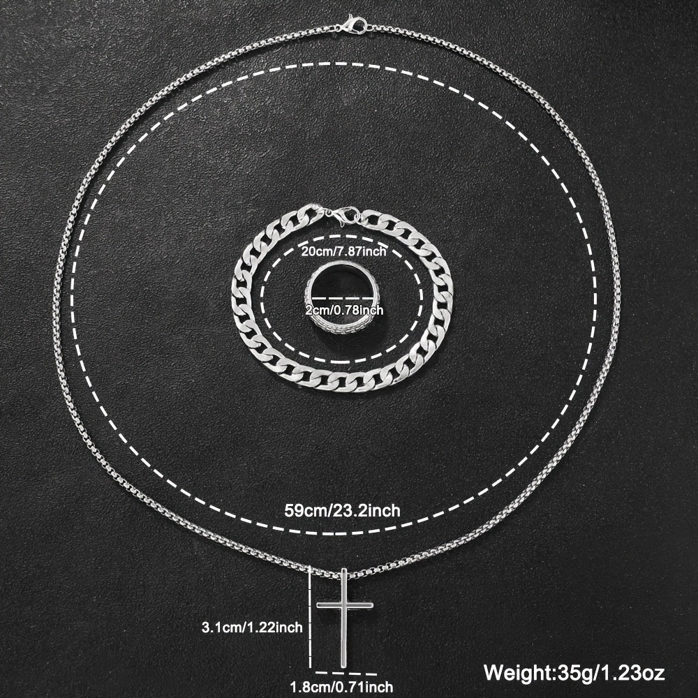 Men's Casual Watch and Jewelry Set with Silver Quartz Watch Cross Pendant Necklace Ring Bracelet