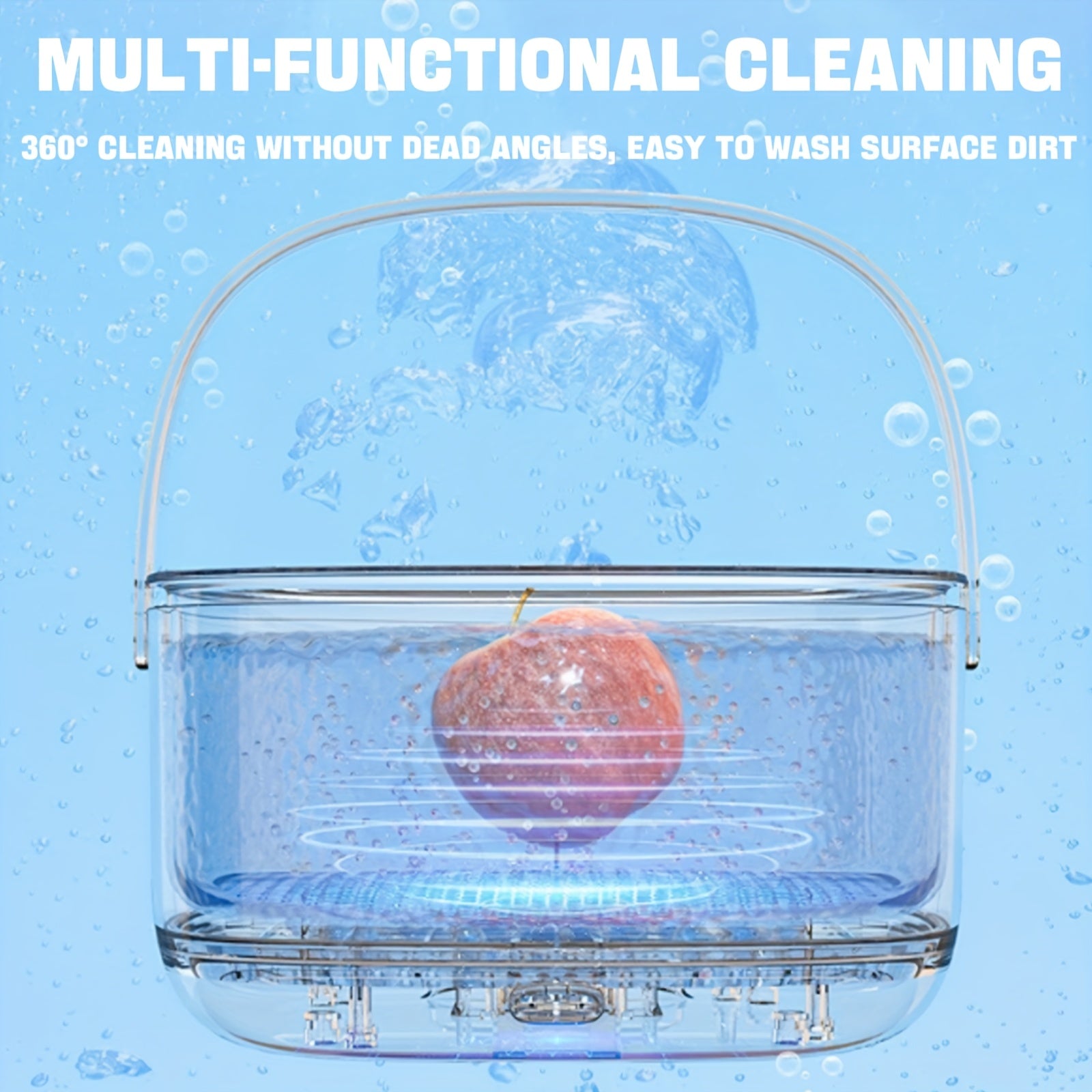 Ovoz to'lqin texnologiyasi bilan multi-funksional oshxona qurilmasi meva va sabzavotlarni tez va samarali tarzda tozalaydi. Oq rangda batareyali, aqlli uy dizayni va gradient drenaj bilan.