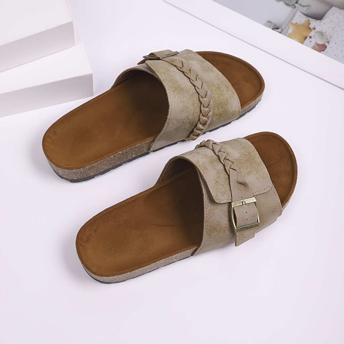 Women's Summer Casual Sandals Open-Toe Braided Straps Beige Brown