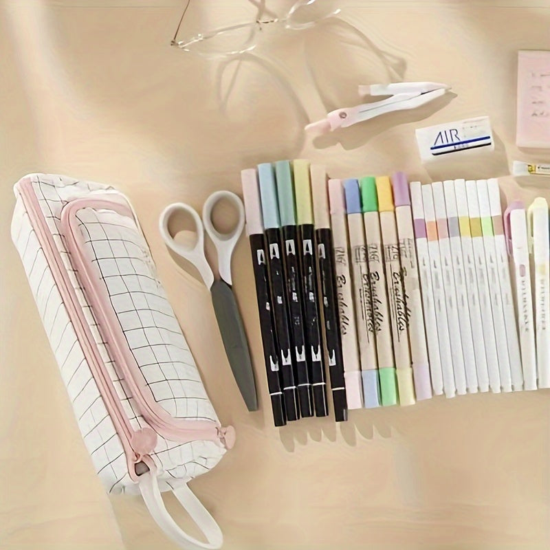 Girls Pink and White Checkered Three-Layer Pencil Case Made of Durable Twill Fabric