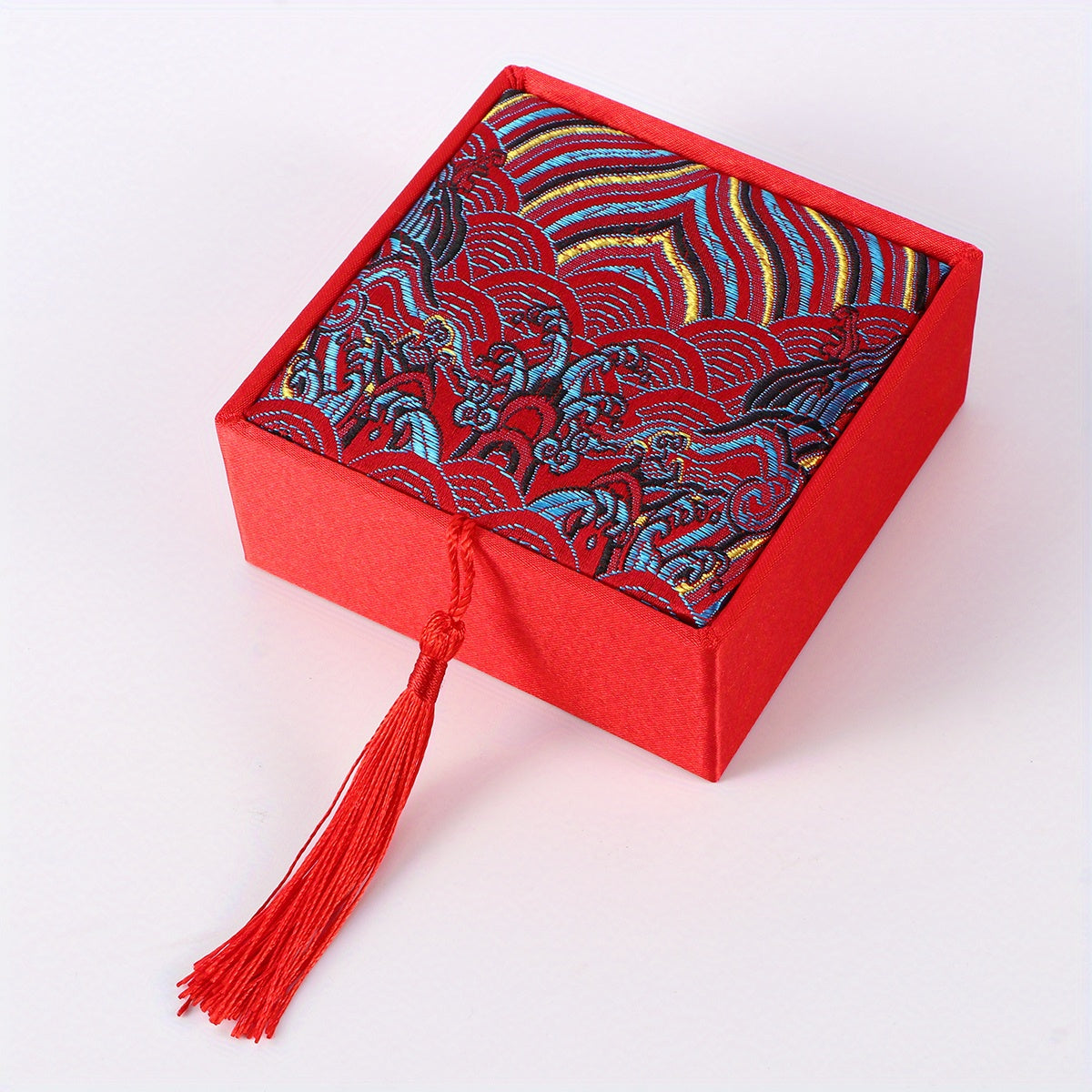 Chinese Style Storage Box with Tassel and Ancient Poetry Fabric Brocade for Jewelry Organizer