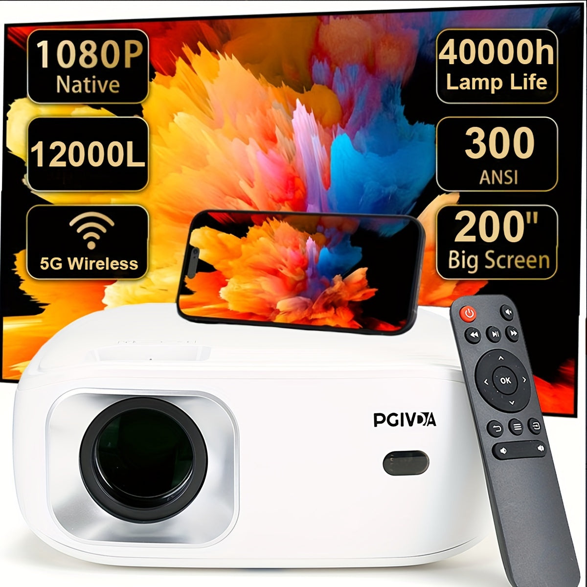 Портативный проектор HD 1080P с поддержкой 4K и яркостью 3000 люмен для домашних и уличных фильмов