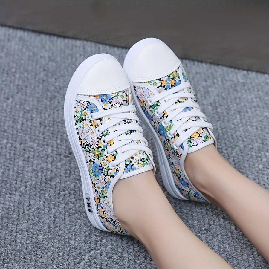 Women’s Floral Sneakers Low-Top Casual Shoes Breathable Fabric White Cherry Blossom