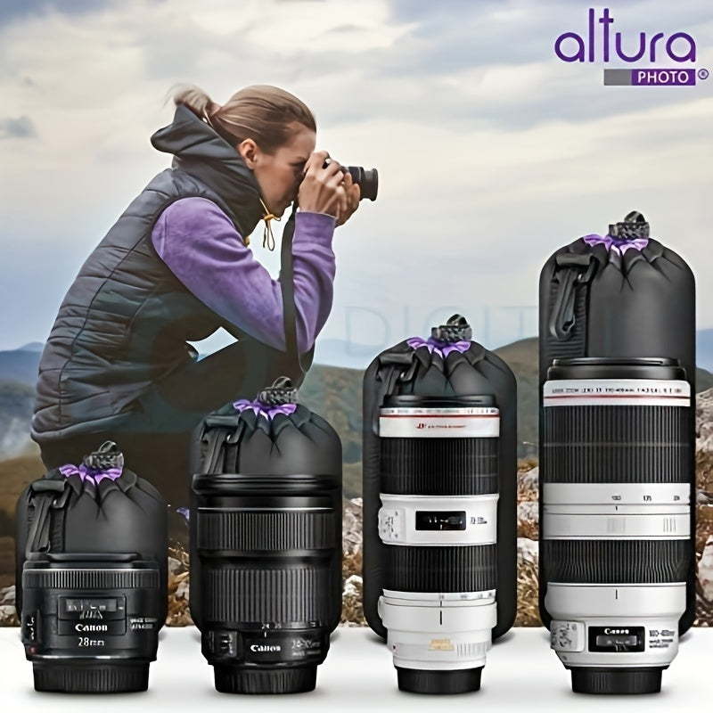 Waterproof Synthetic Fabric Camera Lens Case with Plush Lining and Drawstring Closure