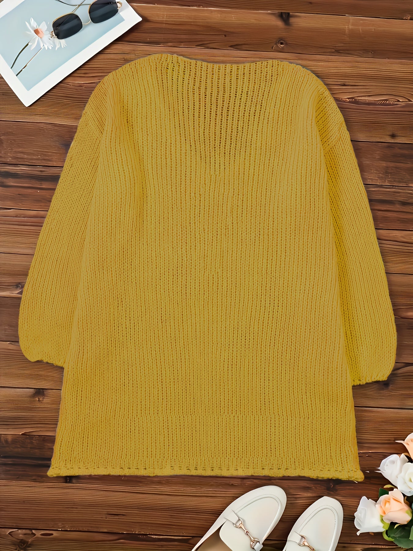 Plus Size V-Neck Sweater for Women Polyester Knit Pullover Solid Color