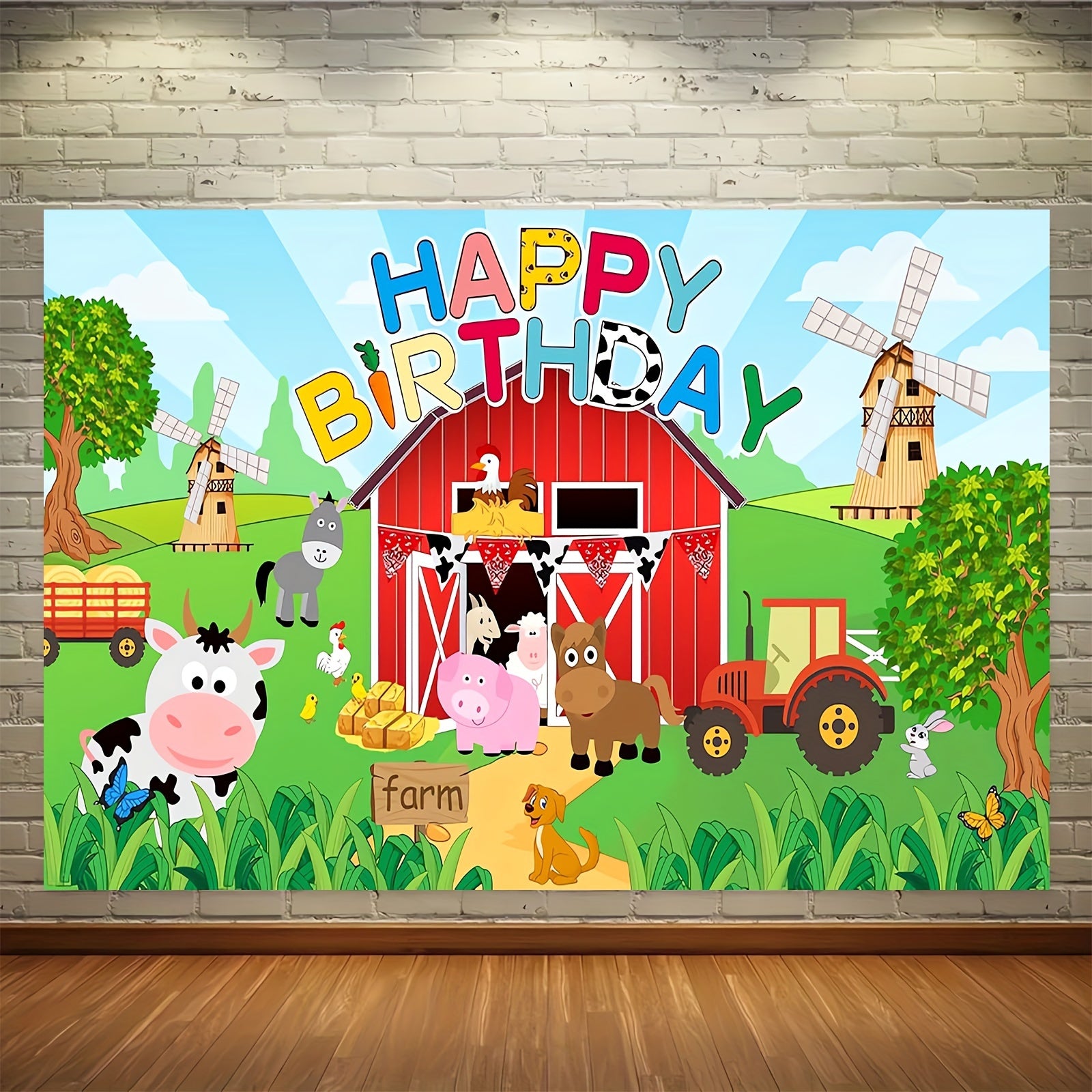 Large Farm Animal Birthday Party Backdrop Polyester Photo Background for Kids Celebrations 129x150cm
