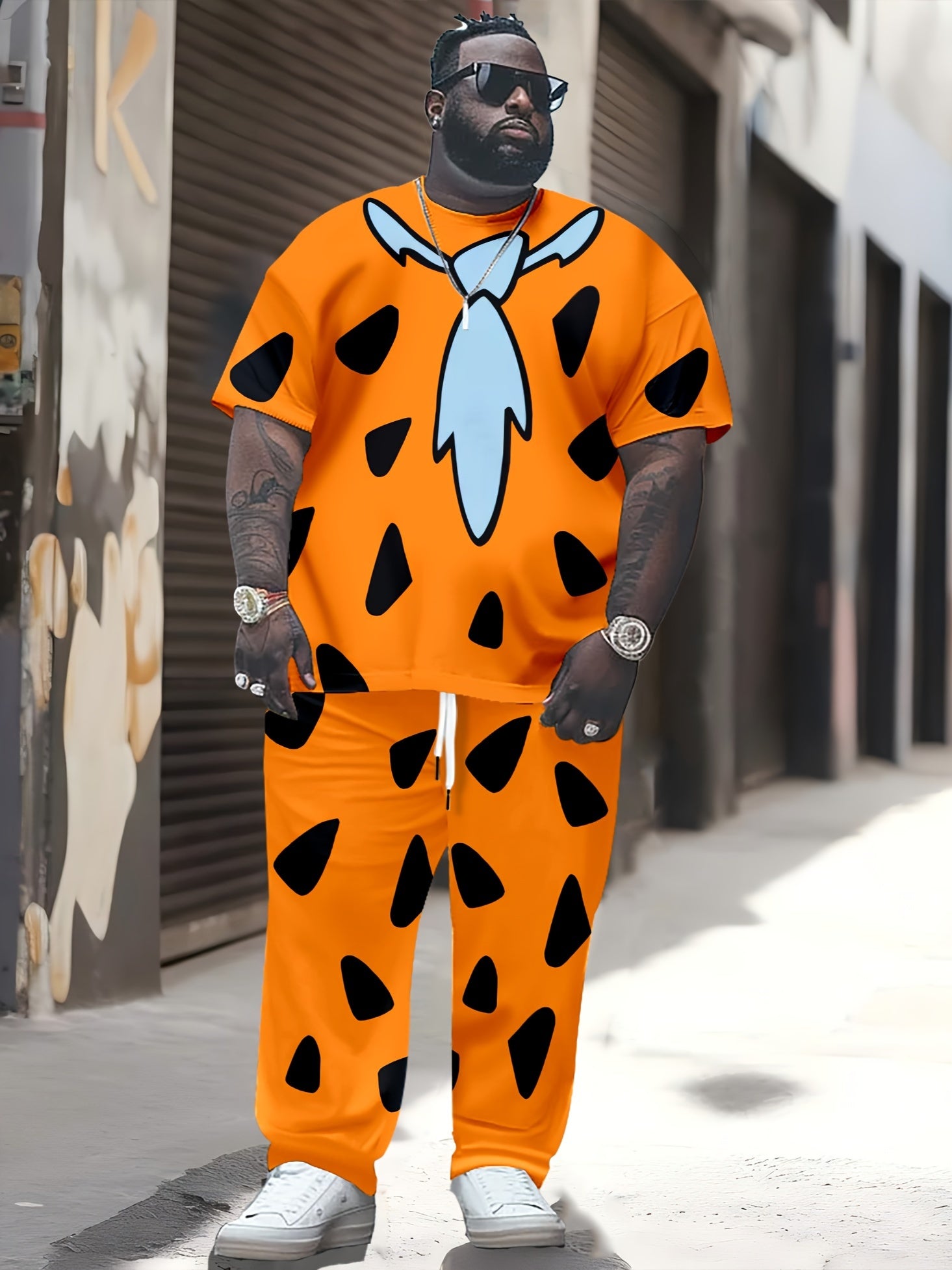 Large Size Men's Color Block Fred Flintstone Pattern T-Shirt and Pants Set for Party Wear