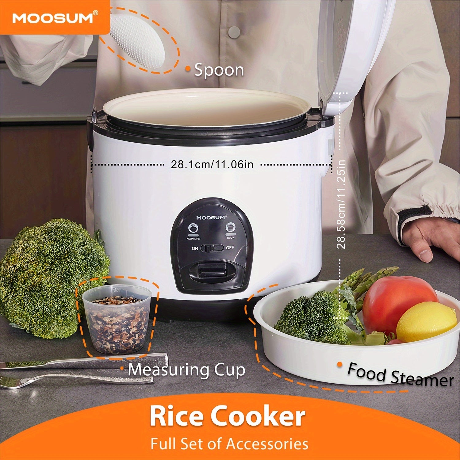 Easy-Press Rice Cooker - 1.8L sig‘imi, 2-10 kishiga xizmat qiladi, issiqlikni saqlash funksiyasi, bug‘don chiqaruvchi, qoshiq va o‘lchov stakan bilan ta'minlangan.