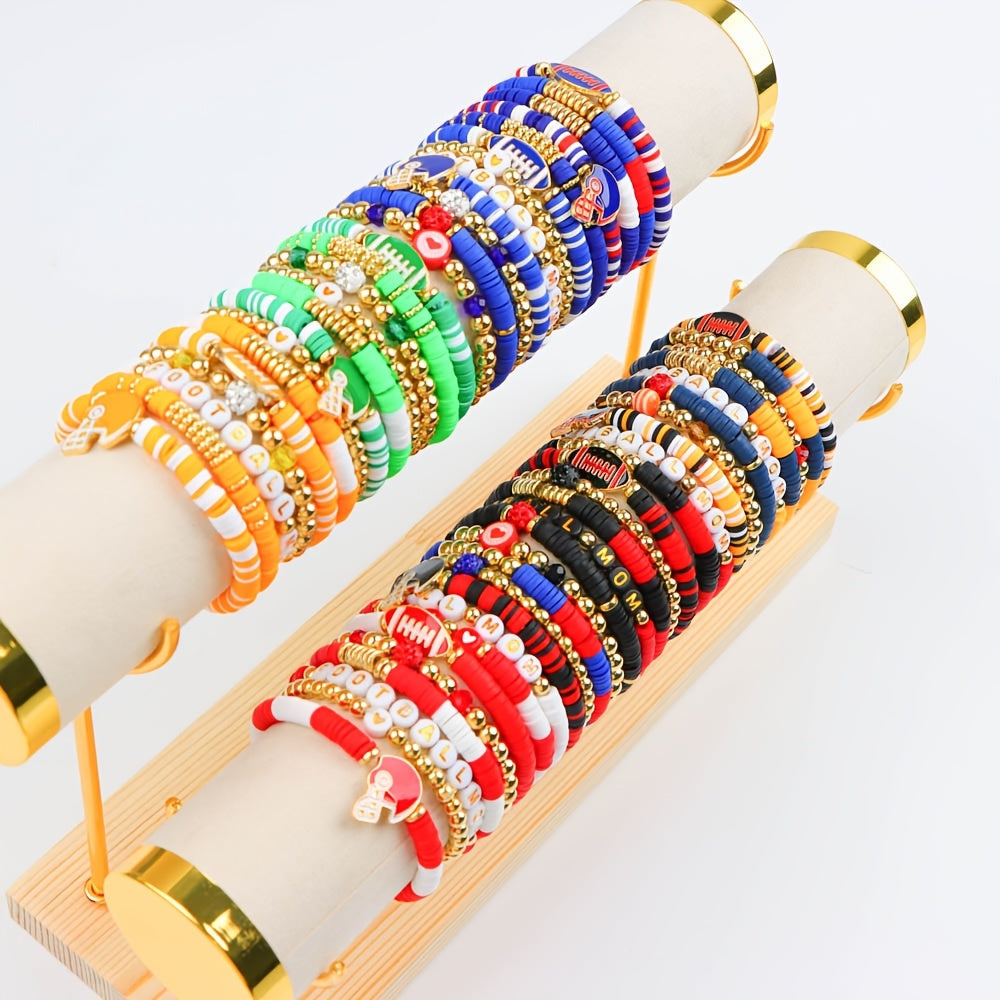 15 ta modali sport rugby mavzusidagi yurak shaklidagi yumshoq keramika ko'p rangli elastik to'plangan neytral bilakuzuklar tasodifiy jo'natilgan partiya - kundalik sovg'a berish uchun mukammal zargarlik aksessuarlari.