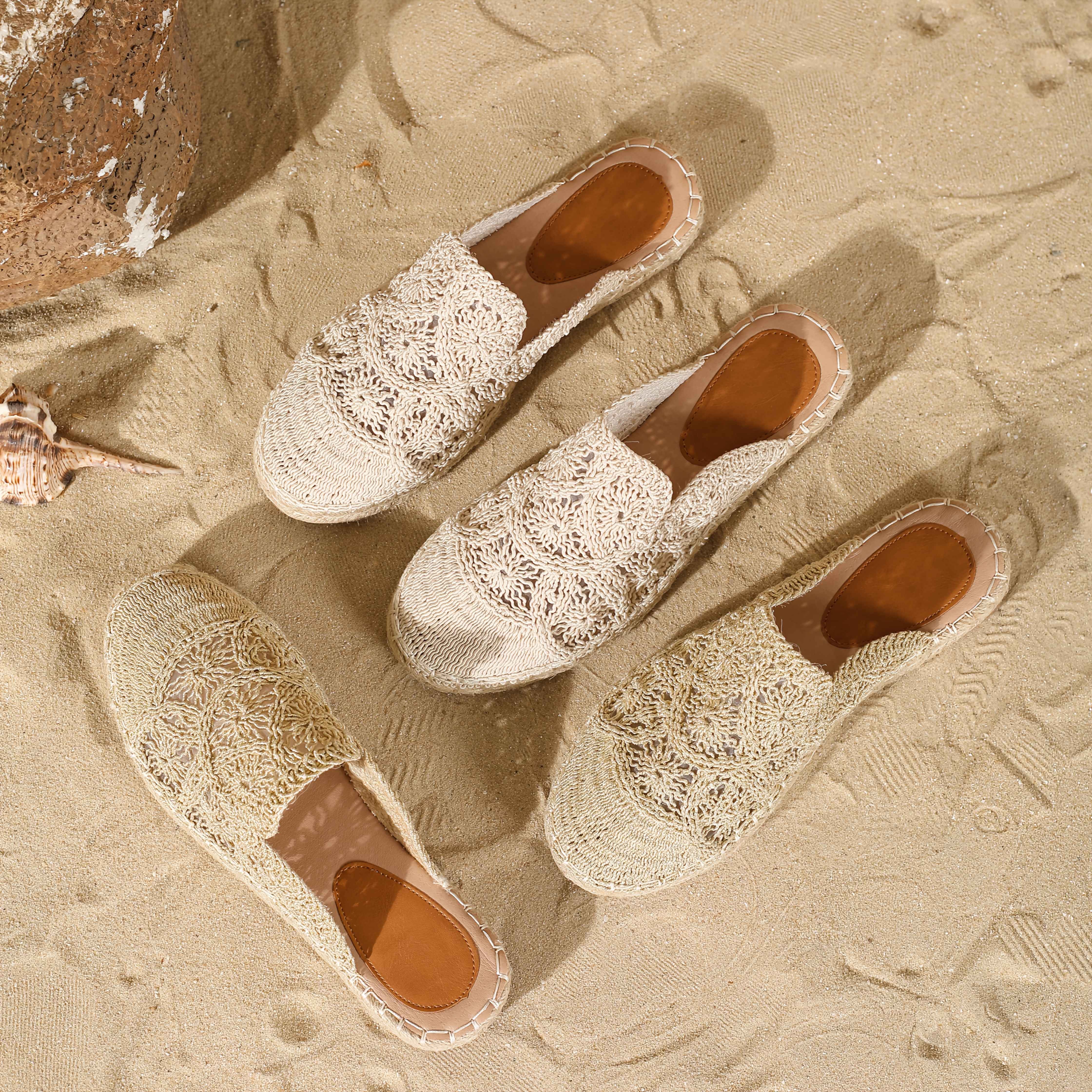 Women's Mesh Flat Slip-On Shoes Casual Vacation Straw Sole Sandals