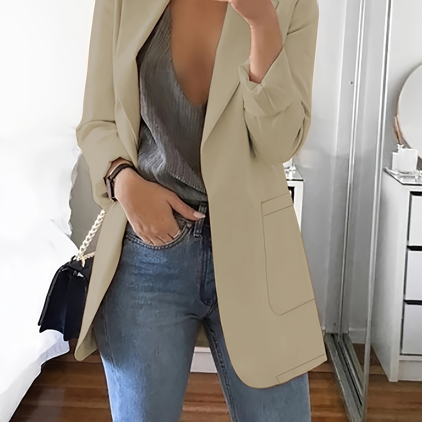 Women's Solid Color Suit with Collar and Slim Fit Cardigan for Spring and Autumn