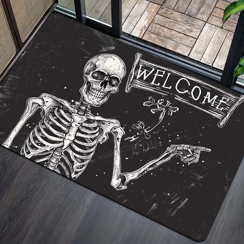 Skeleton Welcome Doormat Indoor Polyester Flannel Rectangle Entryway Mat