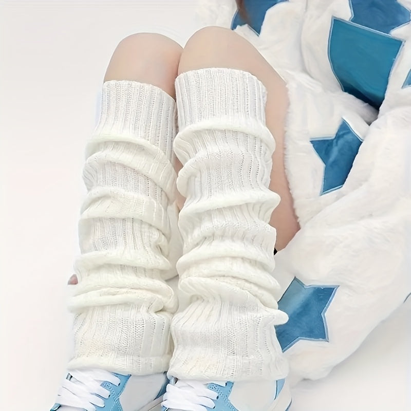 Long Knitted Leg Warmers with Slimming Stripes for Autumn Winter Over-the-Knee Polyester
