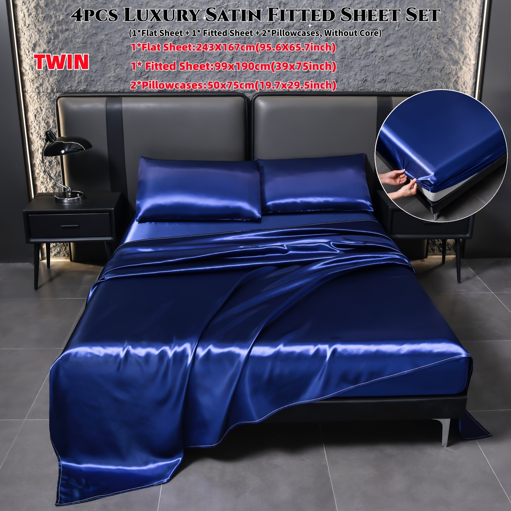 Juego de sábanas de satén de 4 piezas, reversible, transpirable, antideslizante, de color sólido para dormitorio, invitados, hotel