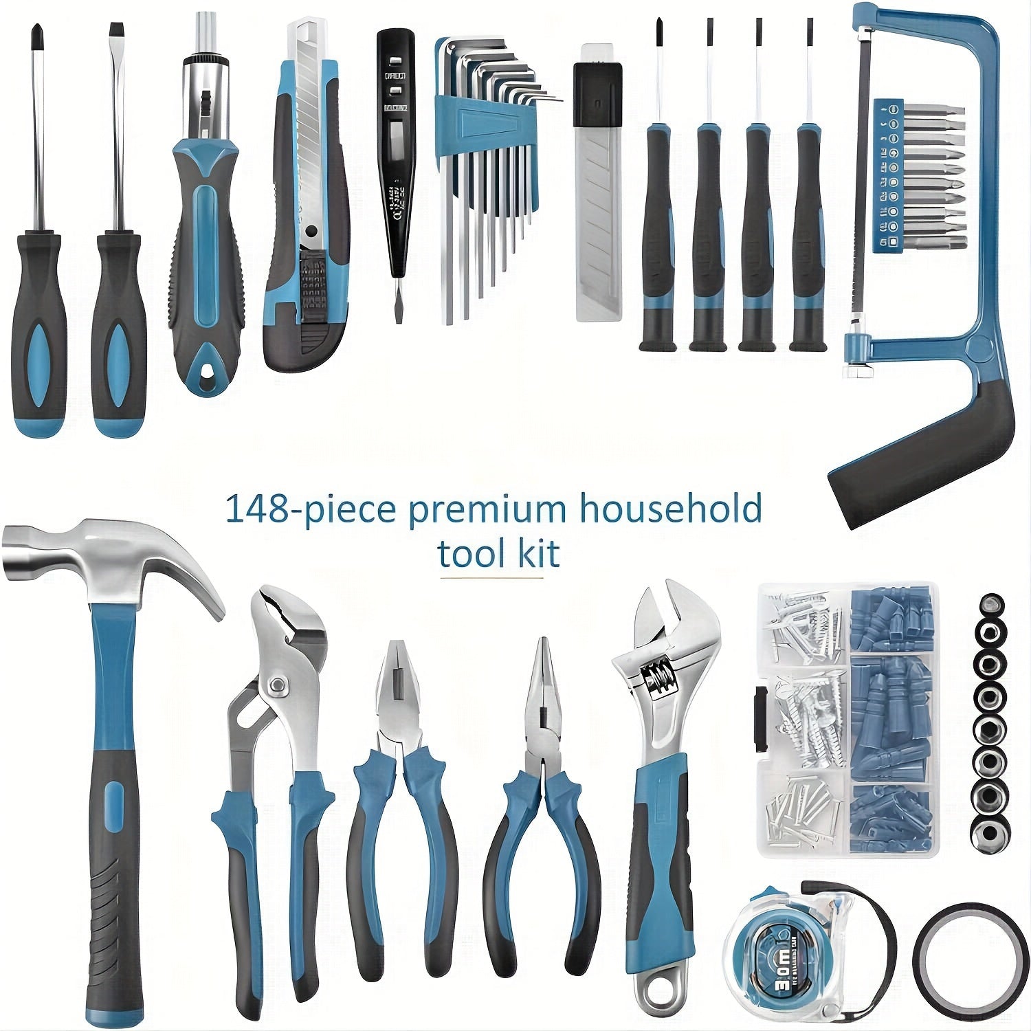 147-Piece Home Tool Kit with Case Ratcheting Screwdriver Pliers Wrench Blue