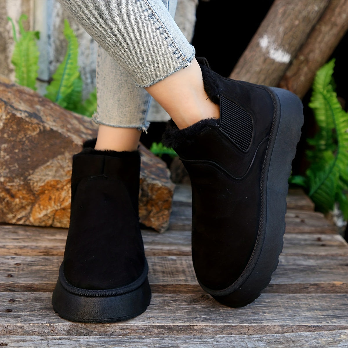 Women's Solid Color Platform Short Boots Casual Slip-On Plush Lined Shoes