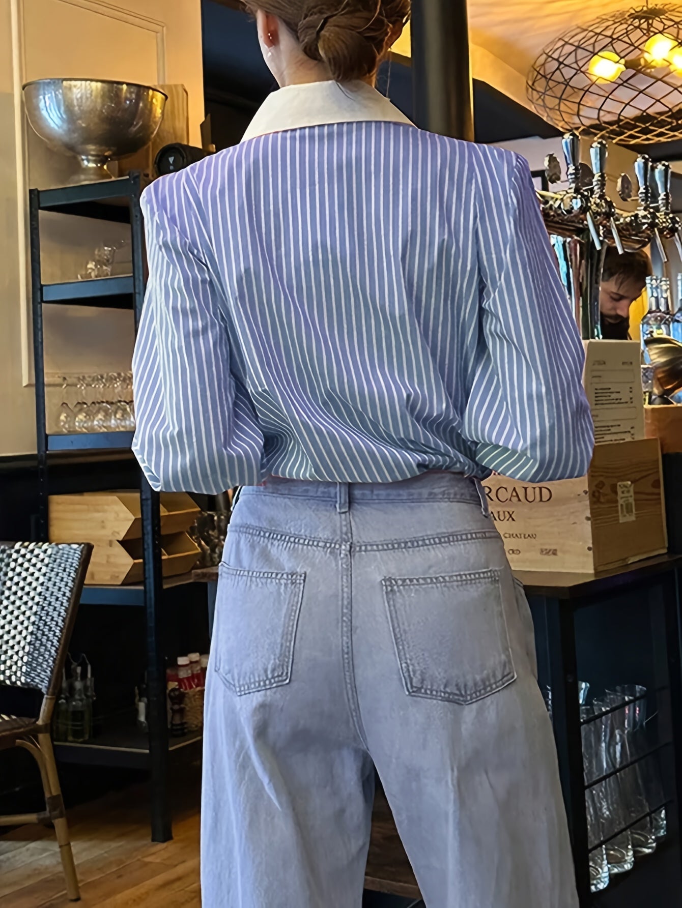 Blue and White Striped Button-Up Shirt for Adults Long Sleeve Polyester Office Casual