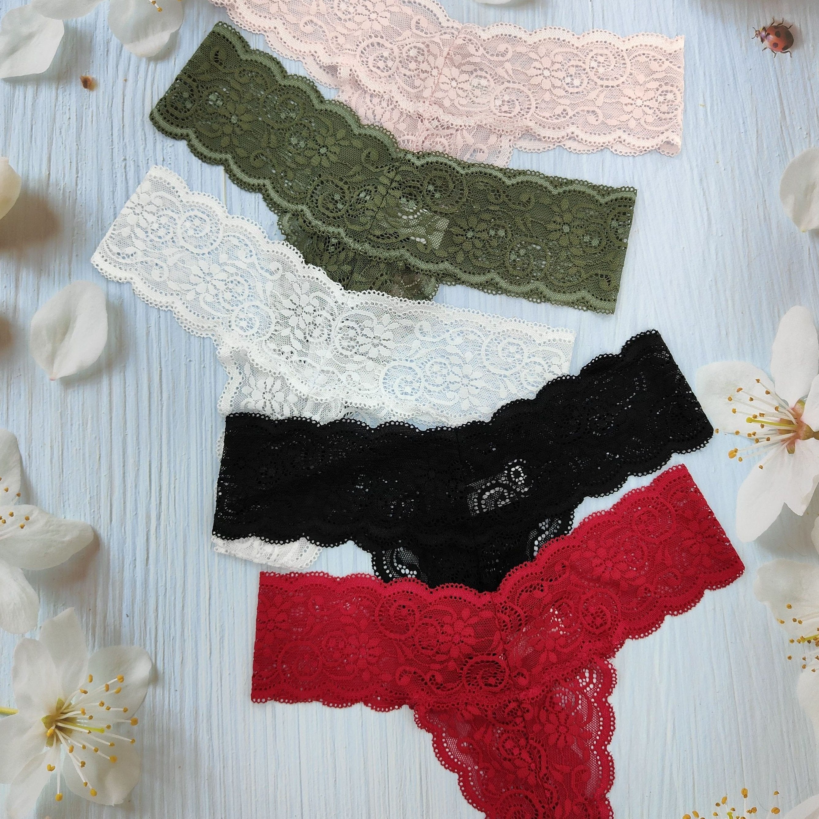Women's Low-Rise Lace Thong Panties 5-Pack Semi-Sheer Solid Color