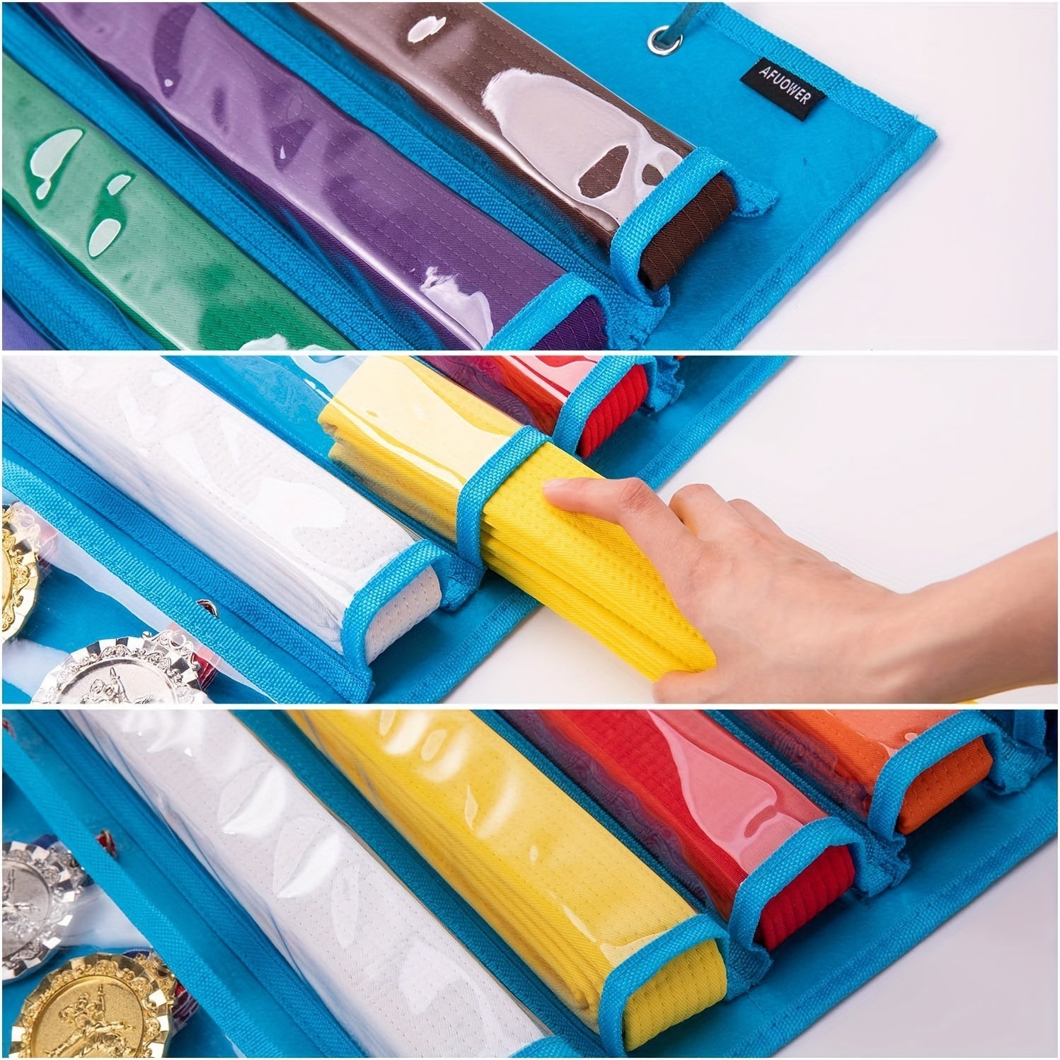 Martial Arts Belt and Medal Organizer Wall Rack with 9 Clear Pockets