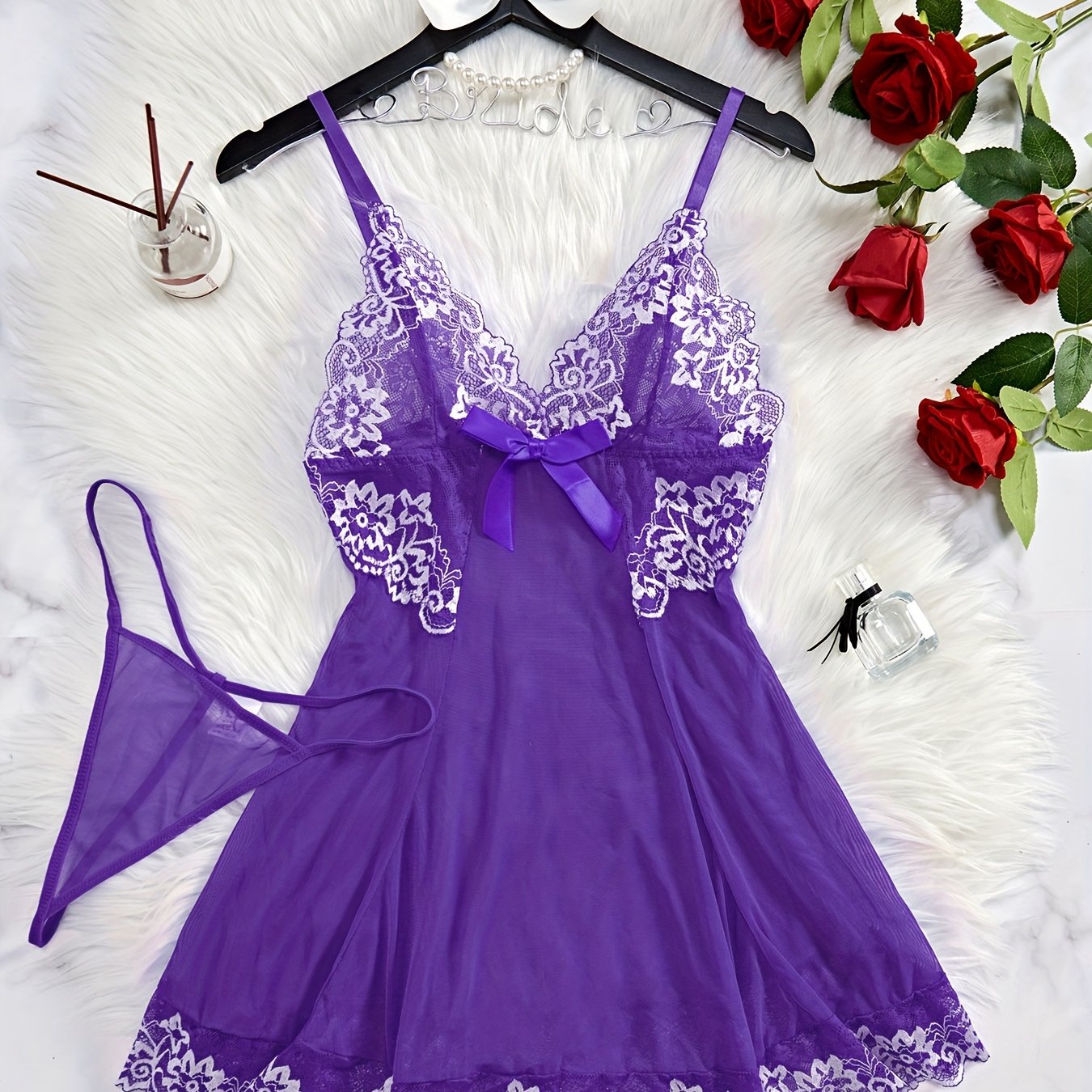 Women's Backless Nightdress with Thin Straps and Charm Design Including Thong