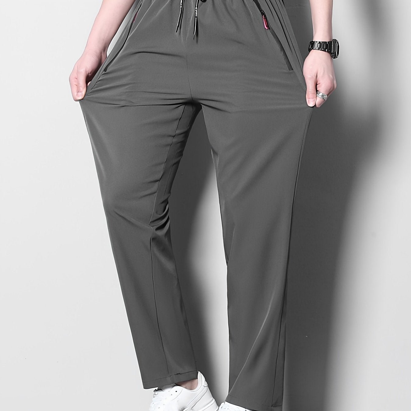 Men's Solid Polyester Casual Pants with Zipper Pockets for Summer Outdoor Activities