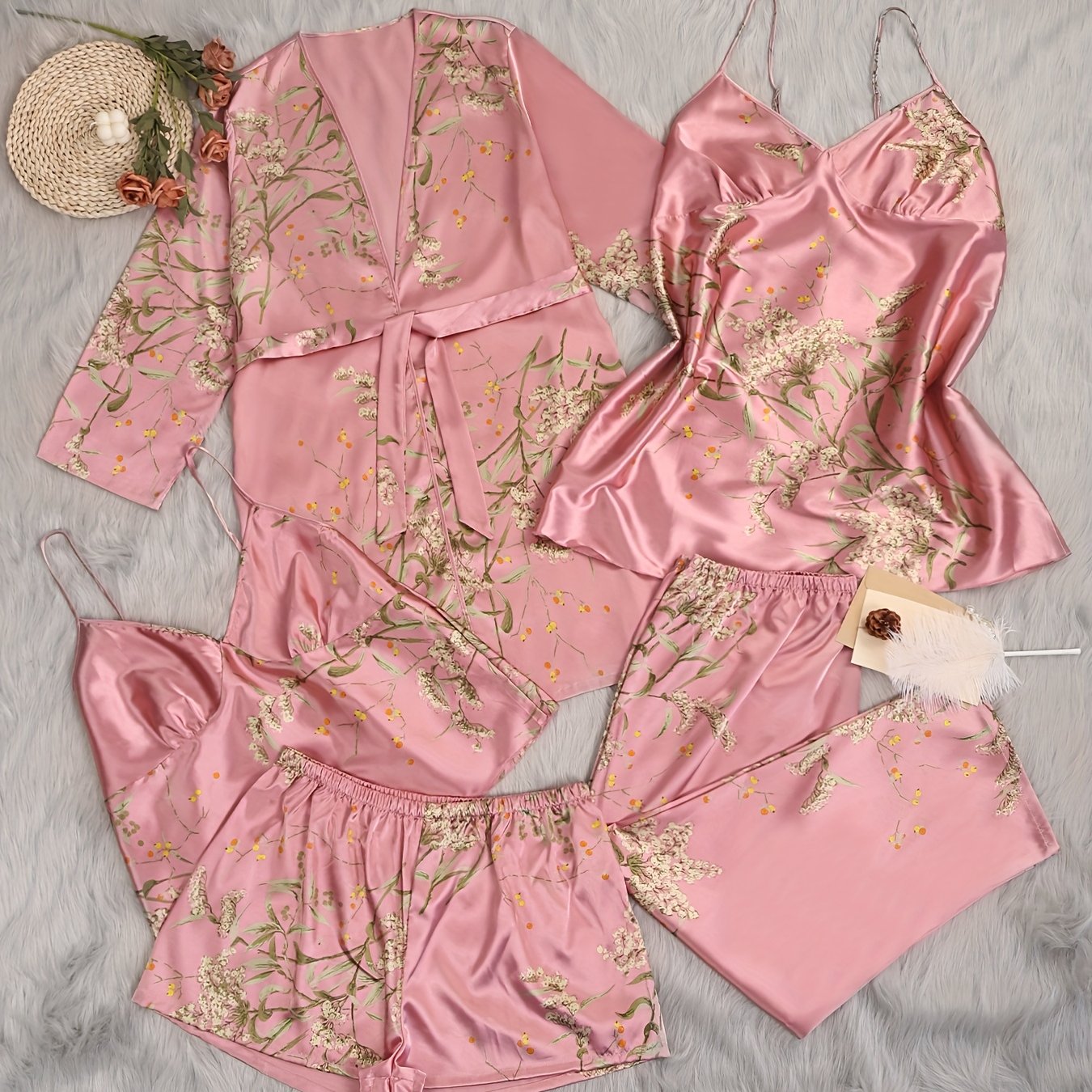 Plus-Size Women's Printed Loungewear Set with Camisole Dress Shorts Pants and Robe for Fall Winter