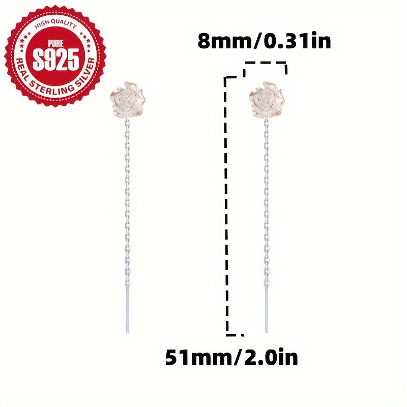 Women's Silver Tassel Earrings with White Rose Design for Everyday Wear