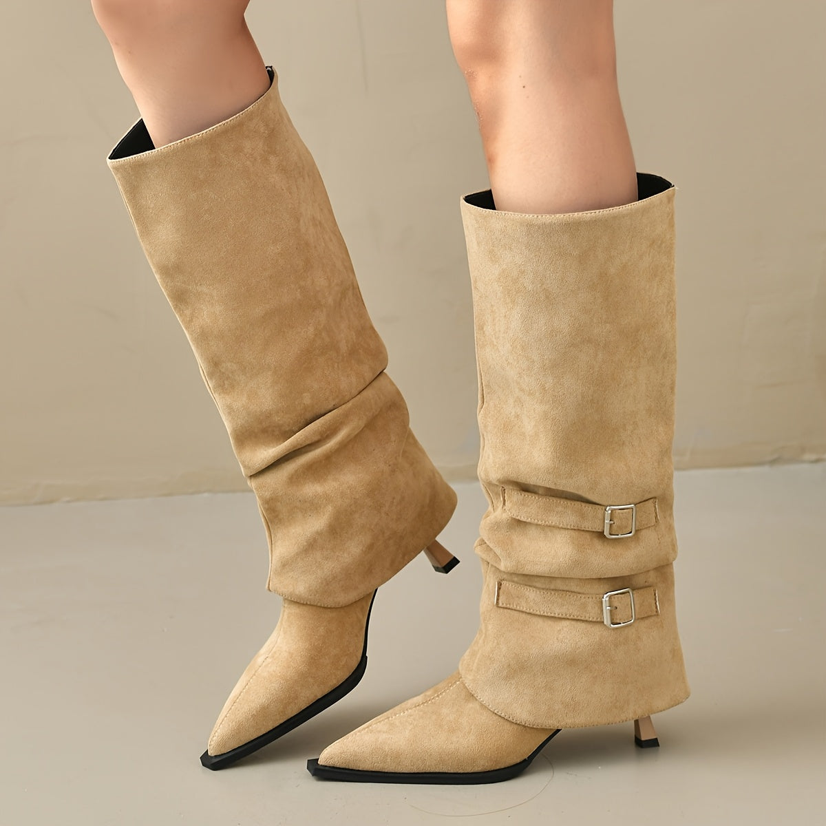Women Beige Pointed Toe Stiletto Ankle Boots with Zipper Casual Formal