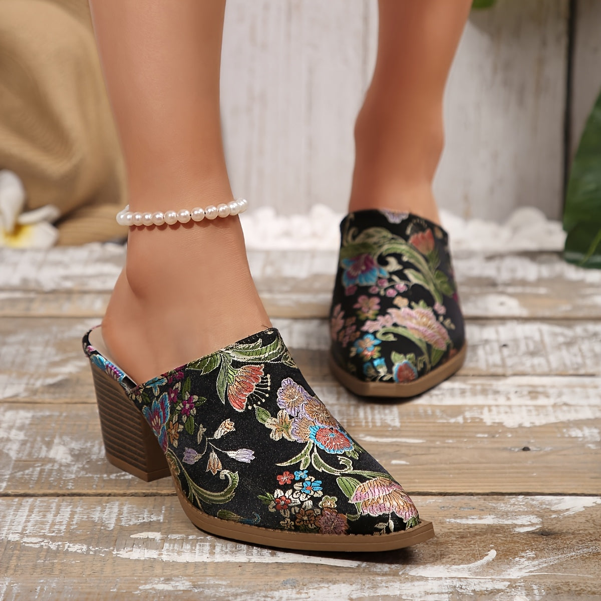 Women's Embroidered Pointed Toe Mules Green Blue Floral Slip-On Shoes