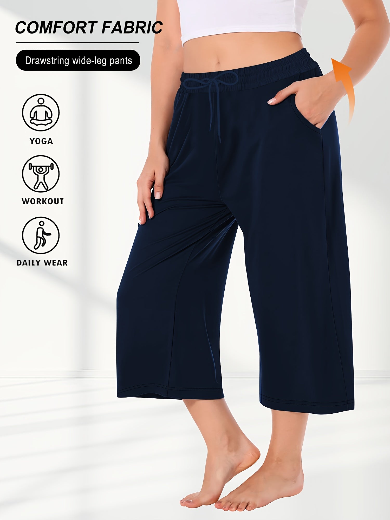 Women's Plus Size Drawstring Wide-Leg Pants with Pockets Gray Casual Summer