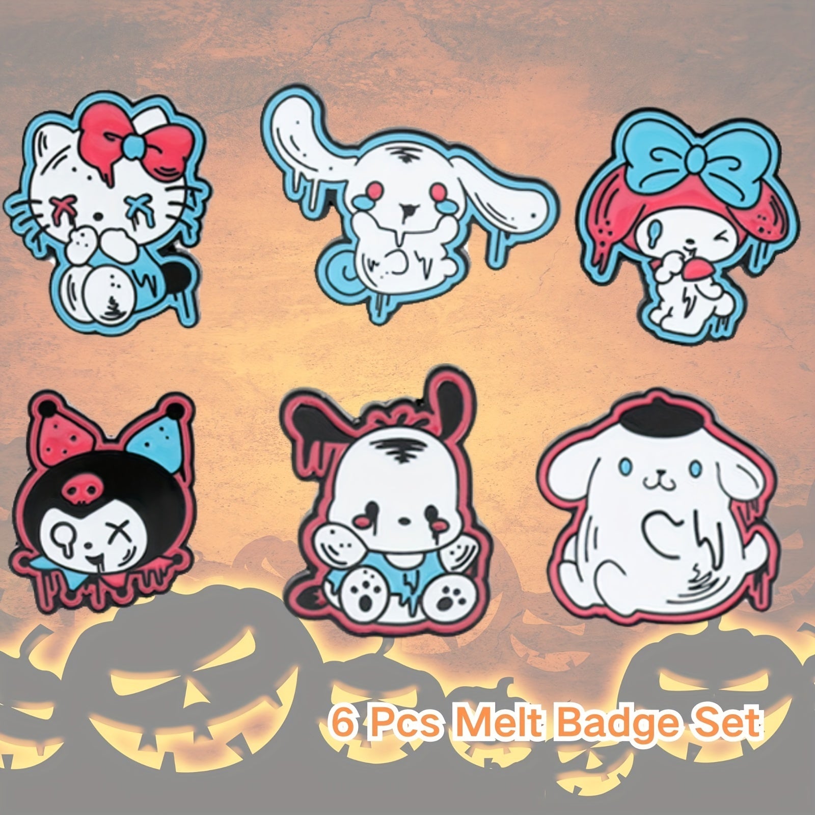 Set of 6 Halloween Enamel Pins with Cartoon Characters Hello Kitty My Melody Kuromi Witch Ghost Nurse Badges for Hats Bags Jackets