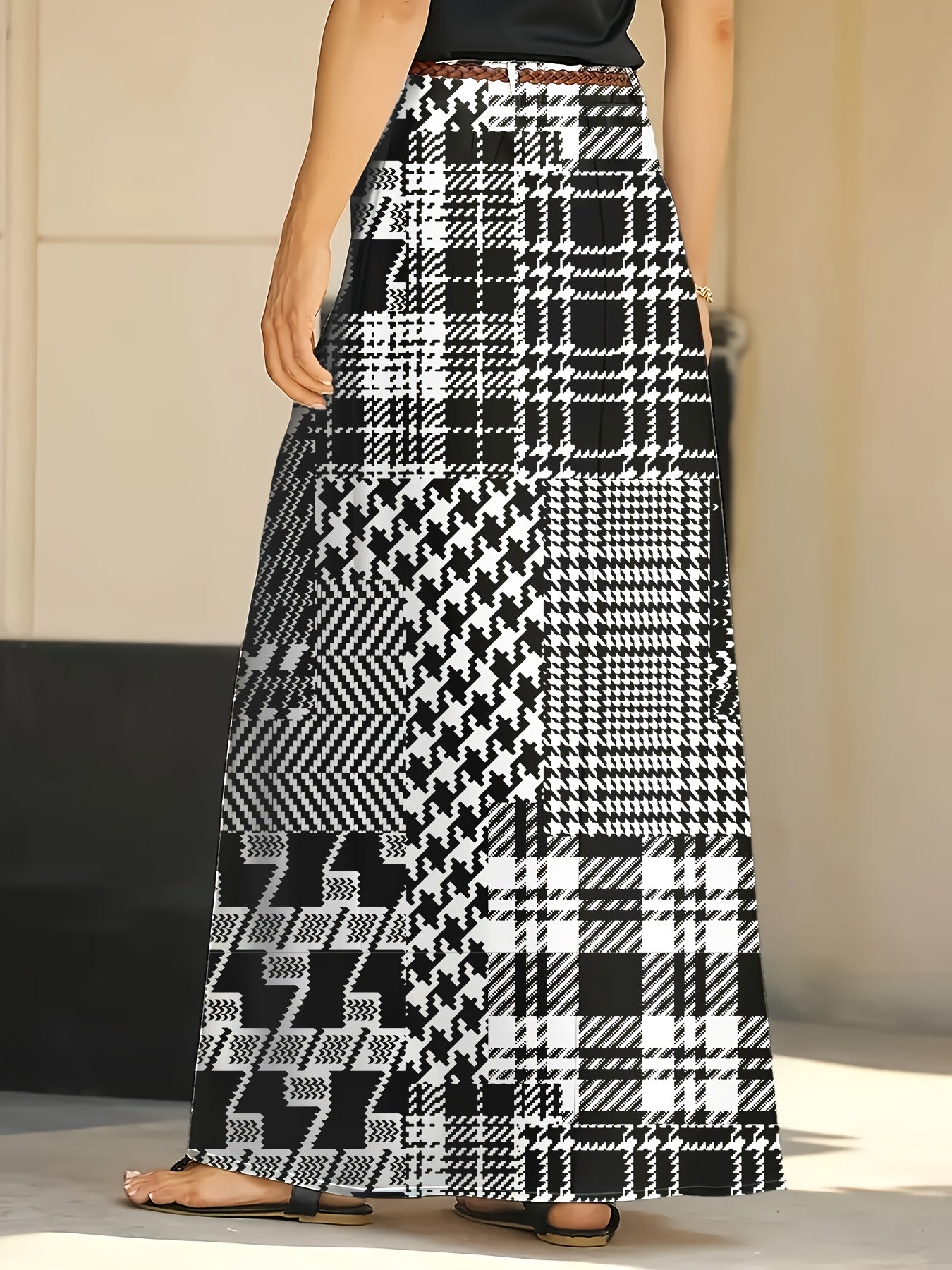 Falda larga de pata de gallo para mujer con tela elástica y cintura elástica, casual para otoño