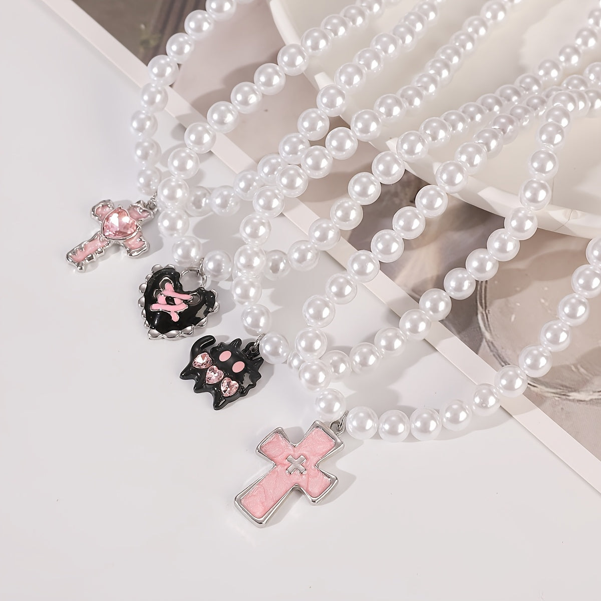 Women's Y2K Style Necklace Set with Faux Pearl Pink Monster Heart Cross Pendants 4 Pieces Jewelry Gift