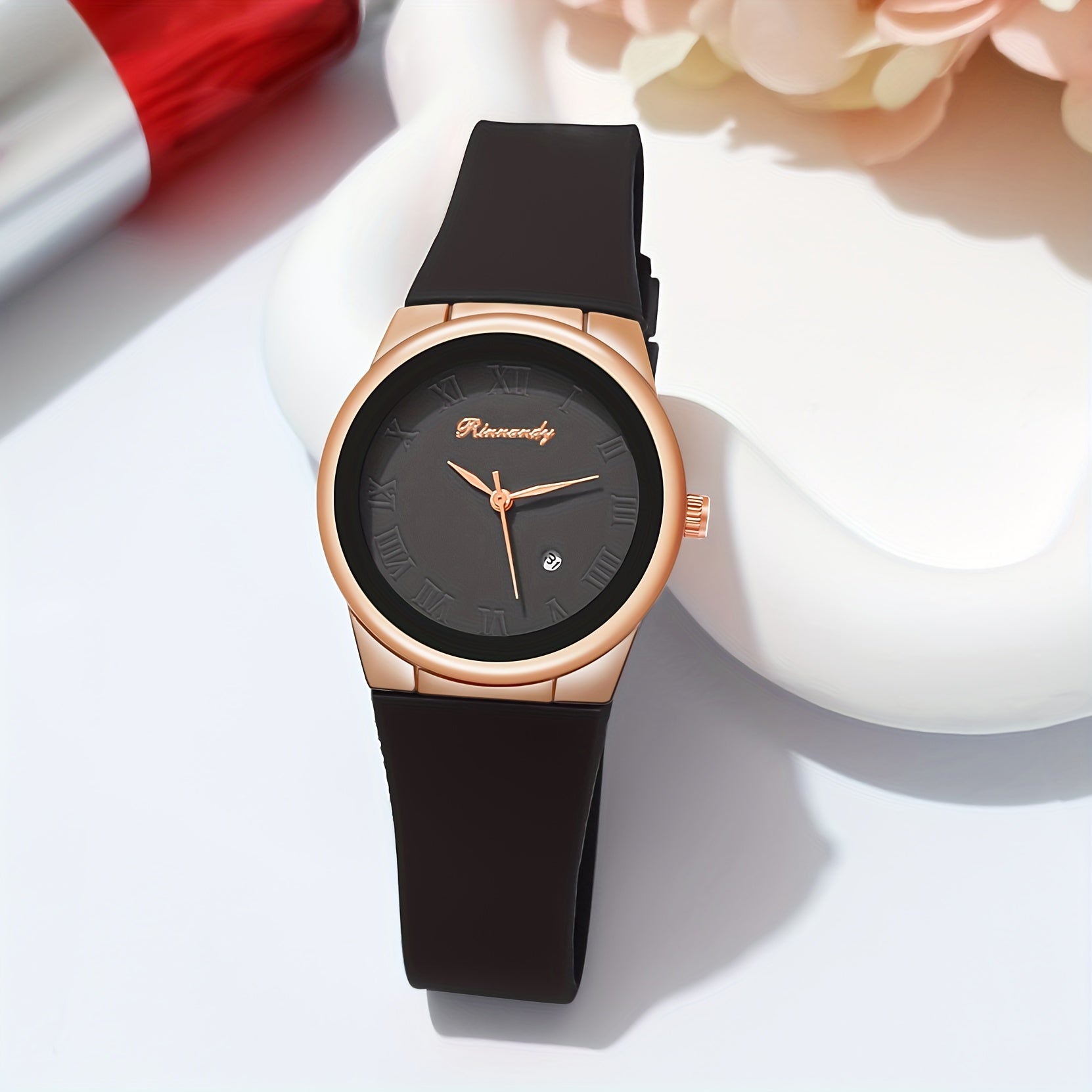 Women Quartz Watch with Silicone Band and Analog Calendar
