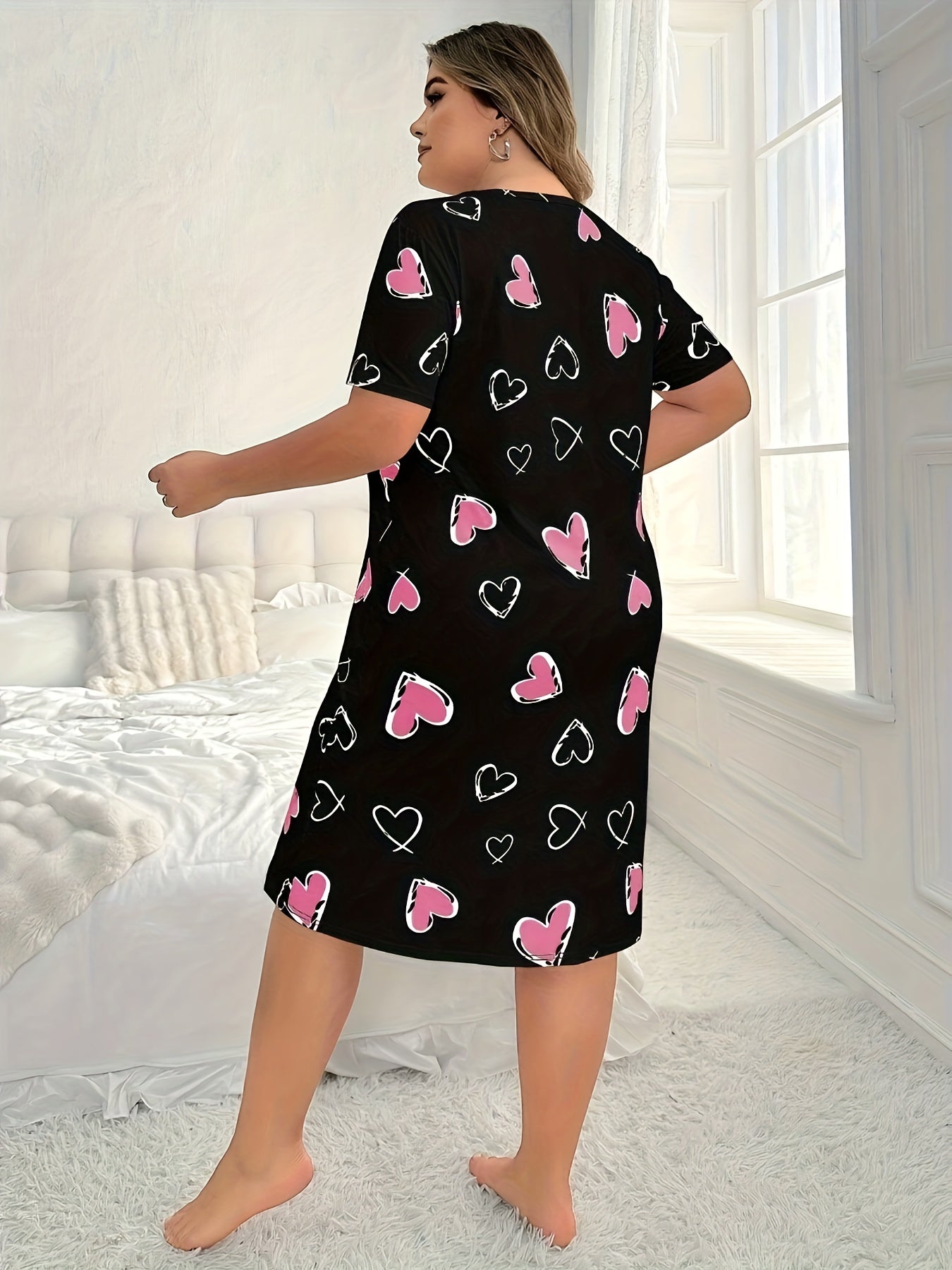 Plus Size Women's Sleep Dress Short Sleeve Heart Print Lounge Wear Pink Red