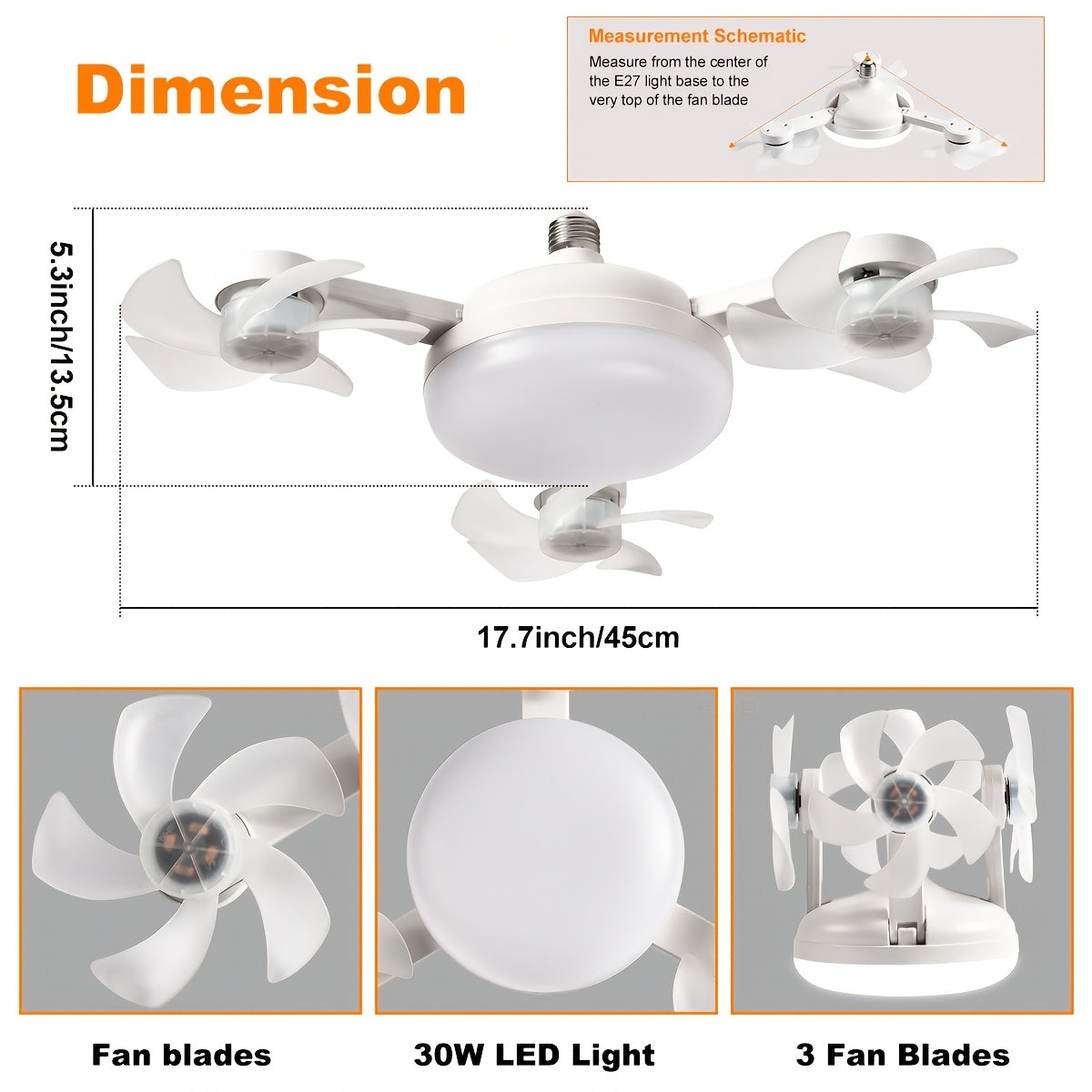 Compact ceiling fan with white 3-head design lamp remote control three speed settings simple installation