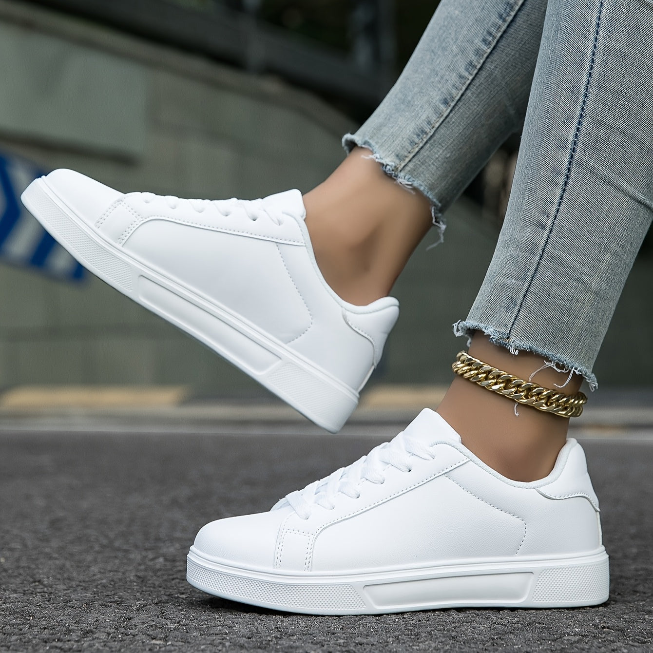 Women's White Casual Sneakers Lightweight EVA Sole Lace-Up All-Season