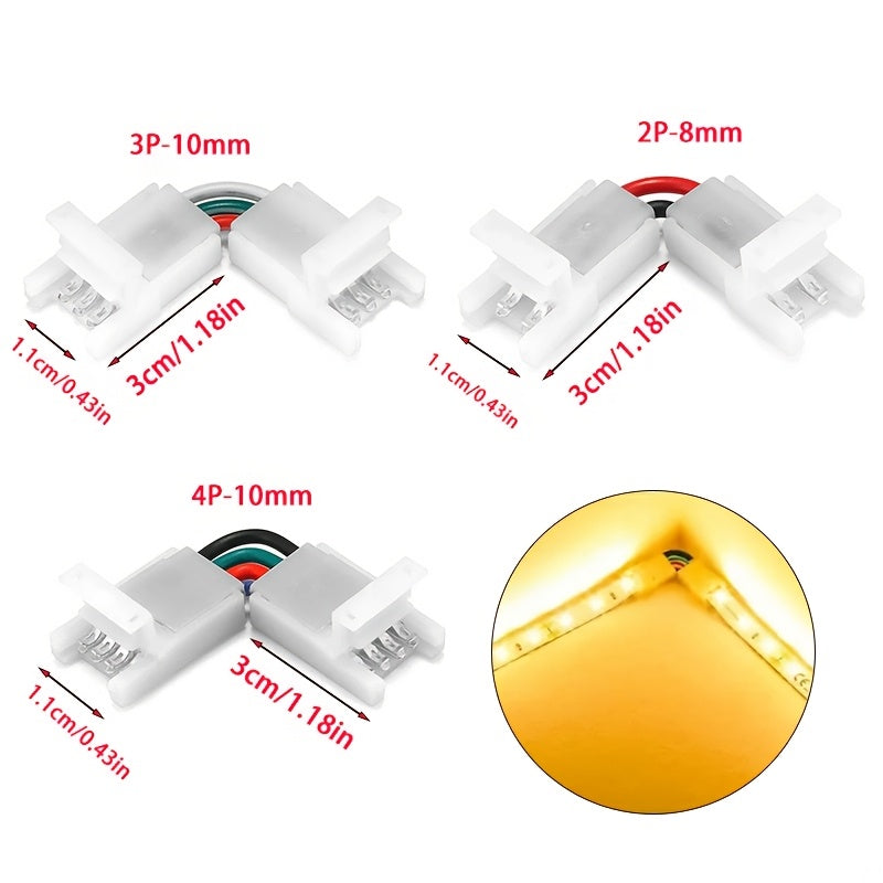 2/3/4-pin LED lentalar uchun burchakni sozlash mumkin bo'lgan L shaklidagi ulanishlar, 8/10mm kenglikdagi 5050 RGB lentalariga mos keladi. Klipga ulanish, payvandlash talab qilinmaydi.