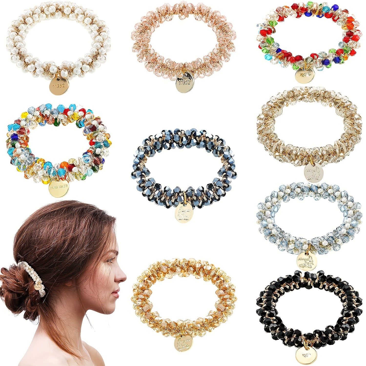 Set of 9 Crystal Beaded Elastic Hair Ties for Ponytails Boho Style Hair Accessories