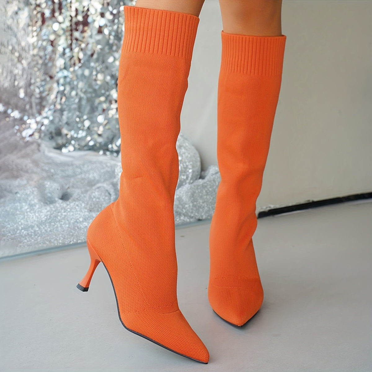 Women's Knee-High Heeled Boots with Pointed Toe Solid Color Fabric