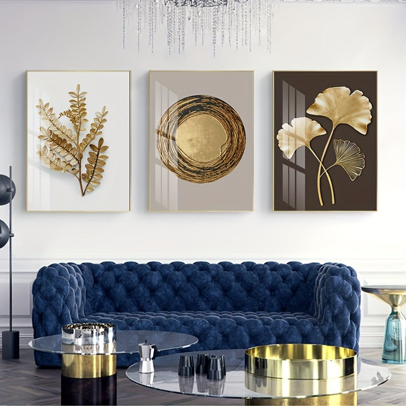 Set of 3 Modern Gold Leaf Wall Art Prints Frameless Ginkgo and Wheel Nordic Decor