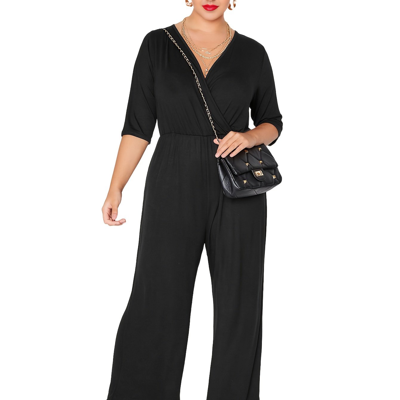 Plus Size Women's Jumpsuits V-Neck Elastic Waist Wide Legs Summer Spring