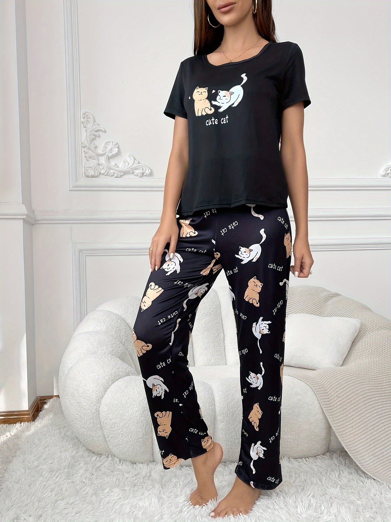 Plus Size Animal Print Polyester Knit Pajama Set for Adults