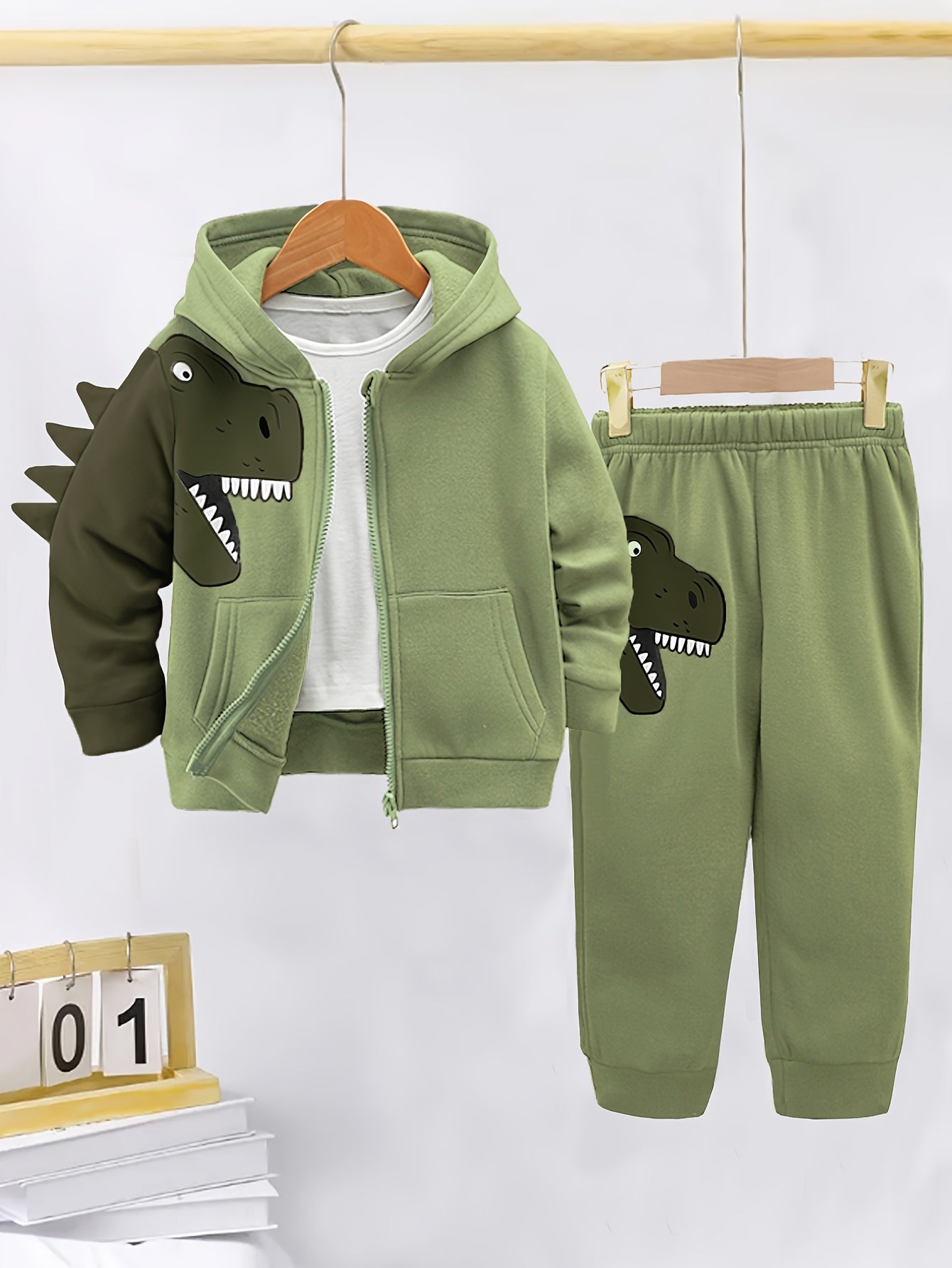 Boys' Dinosaur Print Hoodie and Jogger Set - Cozy Polyester Fall Winter Kids