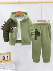 Boys' Dinosaur Print Hoodie and Jogger Set - Cozy Polyester Fall Winter Kids